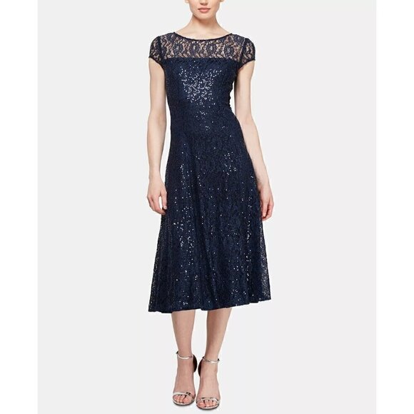 Women's SL Fashions Navy Blue Sequin Evening, Cocktail, MOB Dress Size 16 - Picture 1 of 9